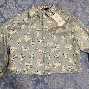 Light blue silky puppy dog cropped button up